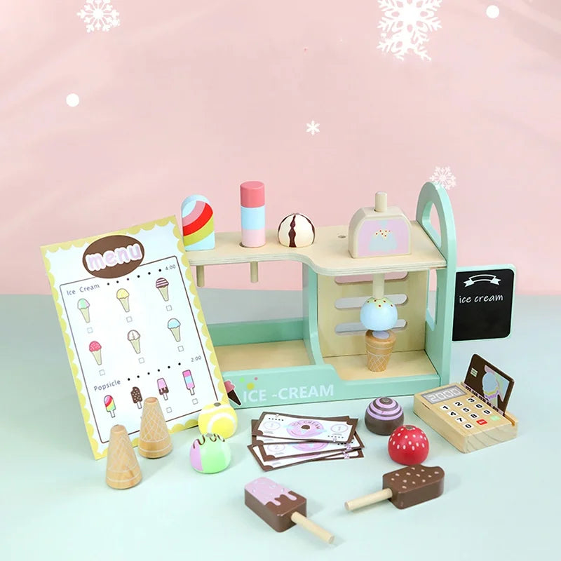 Ice Cream Counter Playset for Kids Montessori Pretend Play Food Toys Kitchen Accessories with Coin Role Play for Kids Girls Boys