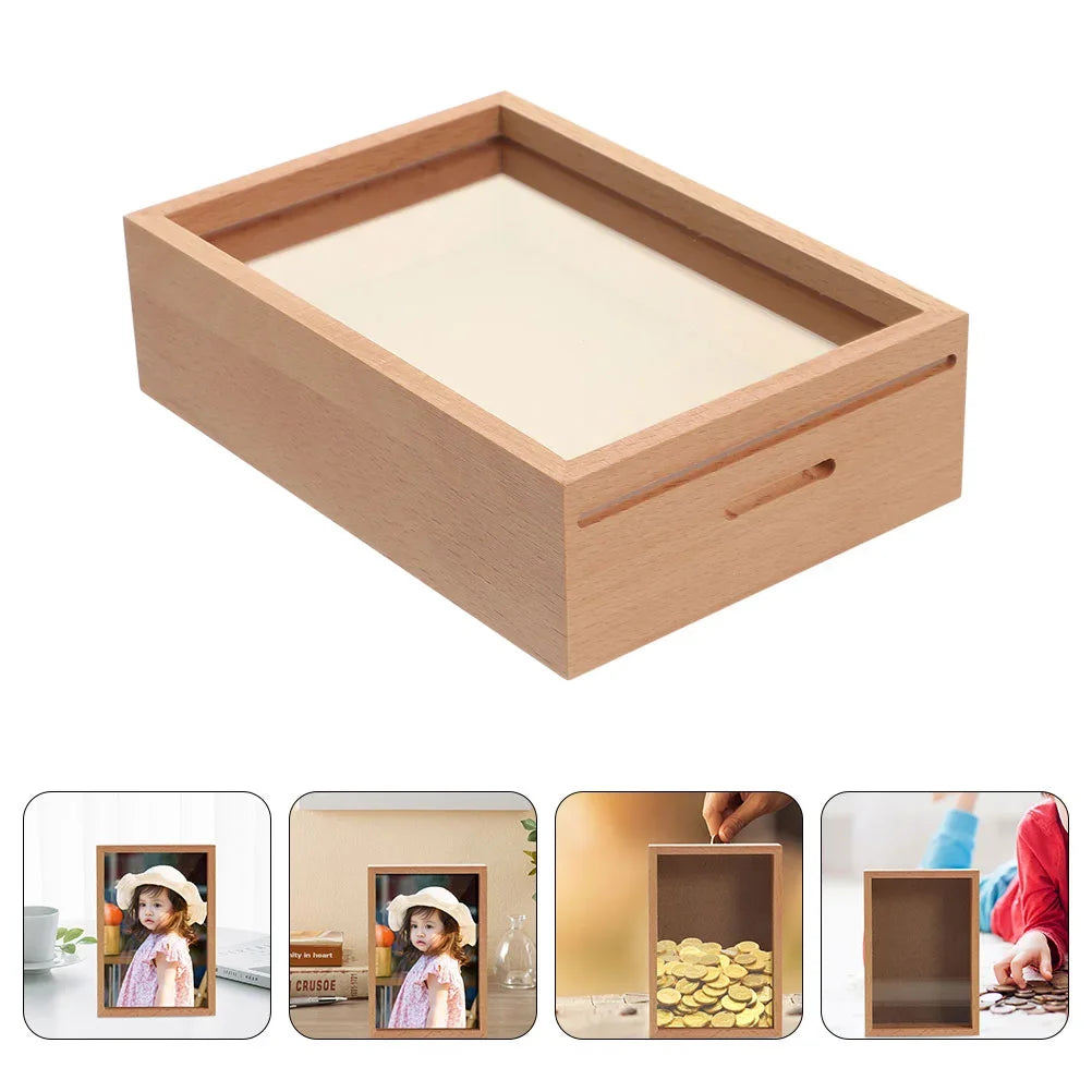 Wood Specimen Frame, with Piggy Bank Coin Bank Saving Money Photo Jar Wood Money Jars Desktop DIY Family Frame Box