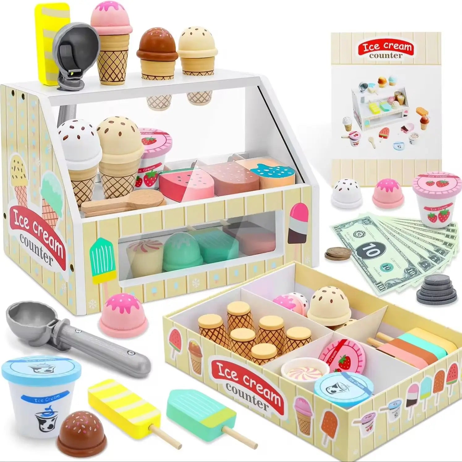 Ice Cream Counter Playset for Kids Montessori Pretend Play Food Toys Kitchen Accessories with Coin Role Play for Kids Girls Boys