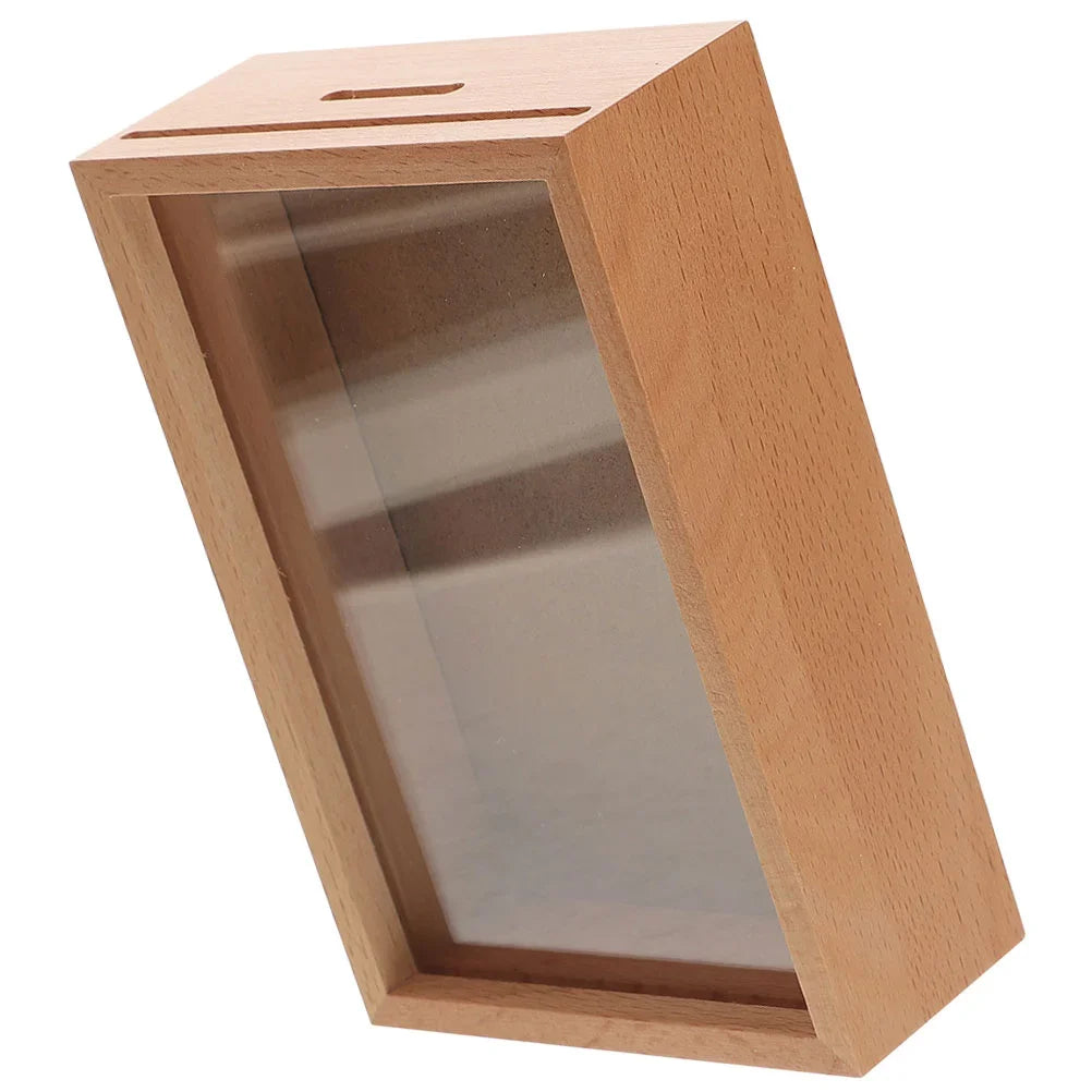 Wood Specimen Frame, with Piggy Bank Coin Bank Saving Money Photo Jar Wood Money Jars Desktop DIY Family Frame Box
