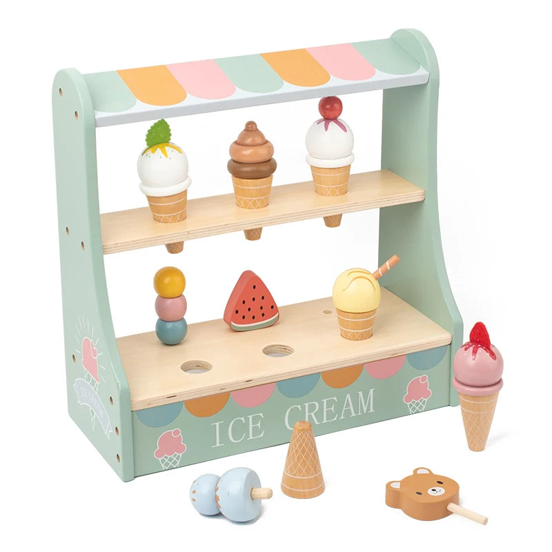 Ice Cream Counter Playset for Kids Montessori Pretend Play Food Toys Kitchen Accessories with Coin Role Play for Kids Girls Boys