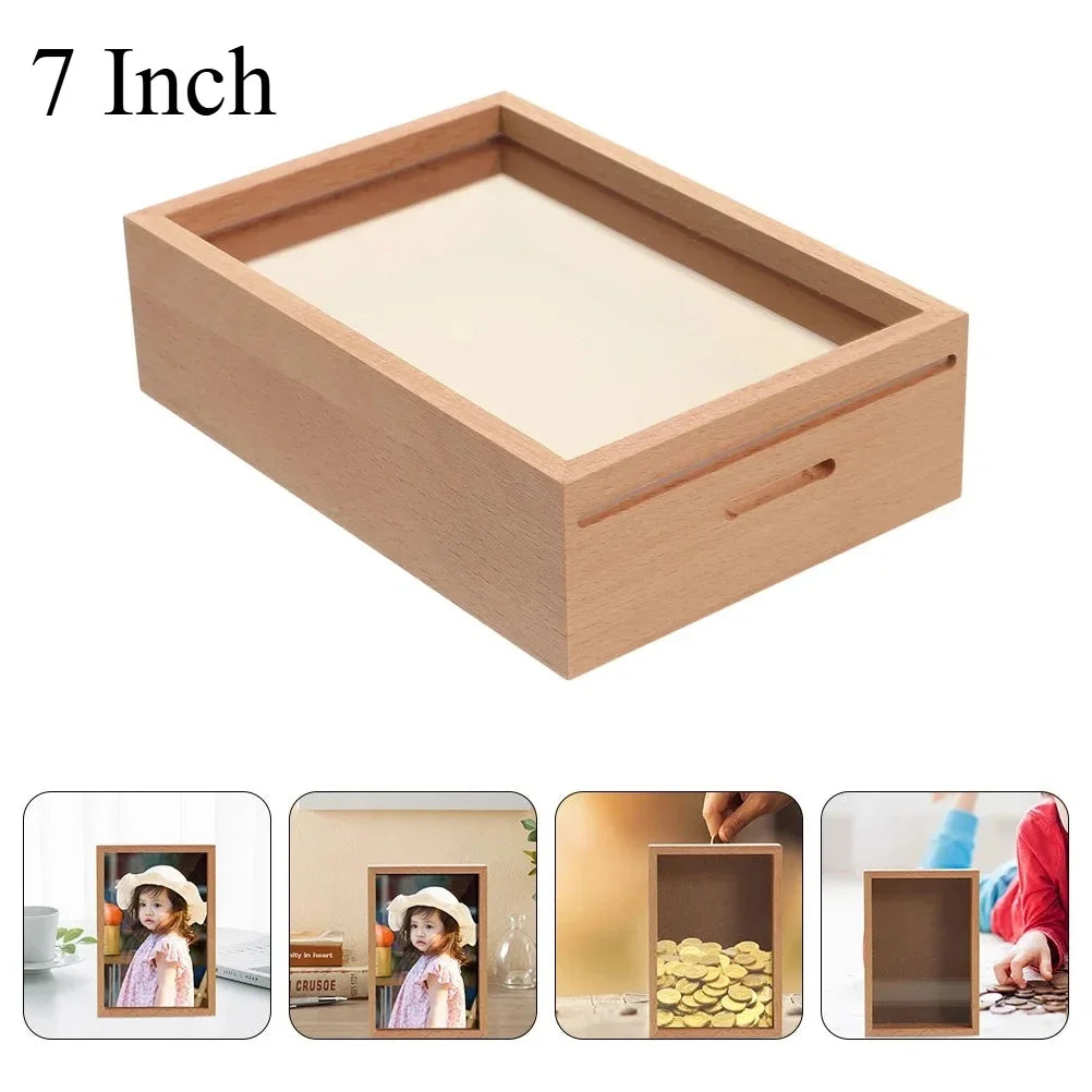 Wood Specimen Frame, with Piggy Bank Coin Bank Saving Money Photo Jar Wood Money Jars Desktop DIY Family Frame Box