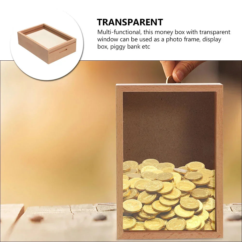 Wood Specimen Frame, with Piggy Bank Coin Bank Saving Money Photo Jar Wood Money Jars Desktop DIY Family Frame Box